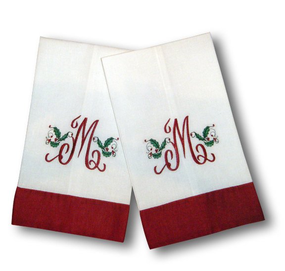 One Letter Red Trimmed Holiday Tea Towels - Set of Two